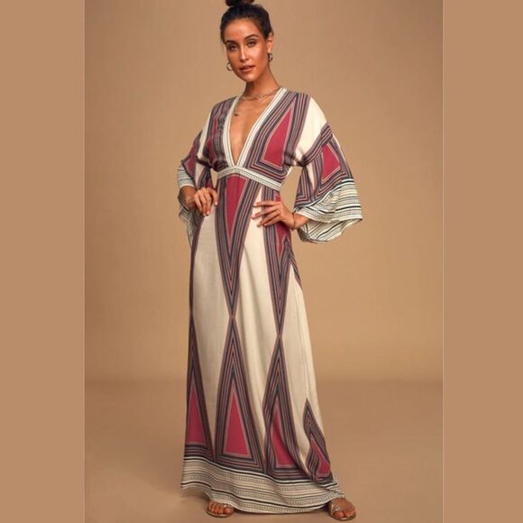 Lulu's Dresses & Skirts - Lulus Montecito Dress XL Cream Print Maxi Plunging Neckline Vacation Boho